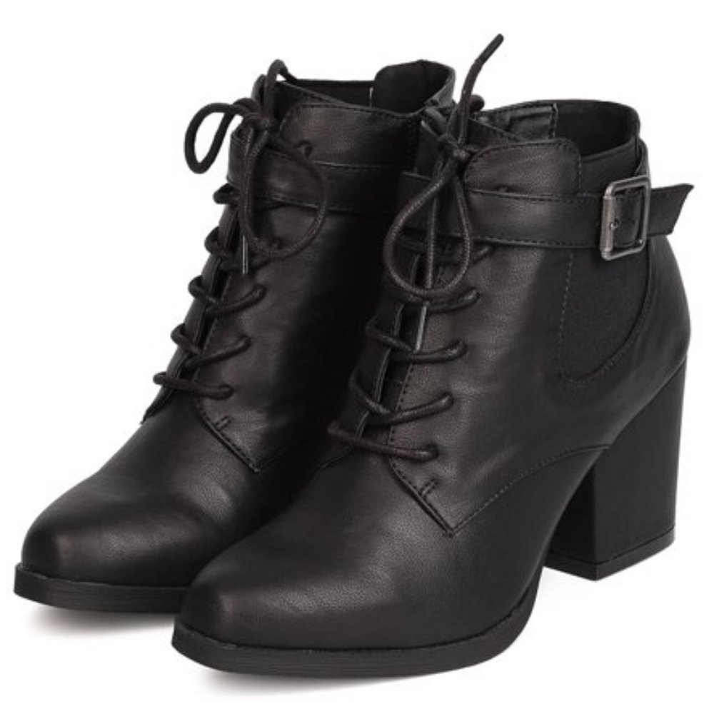 Michael Antonio Almond Toe Lace Up Buckled Stretch Side Black Chunky Heel Boot